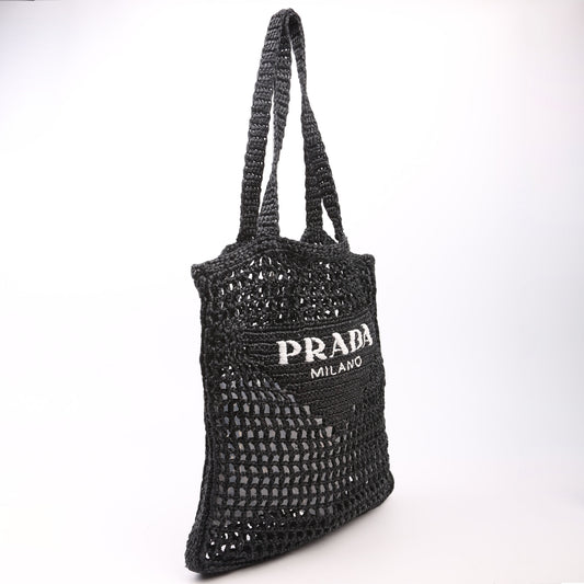 1BG393 Raffia Crochet Tote Bag Black