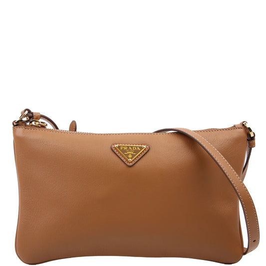 1BC238 Triangle Logo Calfskin Pouch On Strap Brown