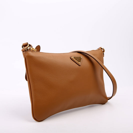 1BC238 Triangle Logo Calfskin Pouch On Strap Brown