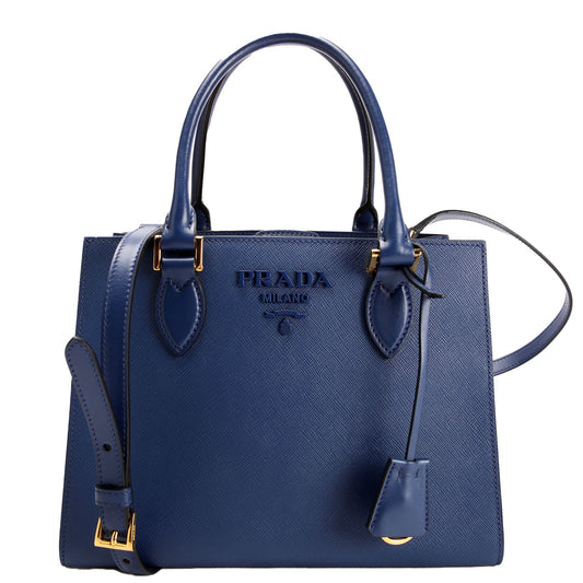 Saffiano Cuir Monochrome Top Handle Tote Blue/Gold