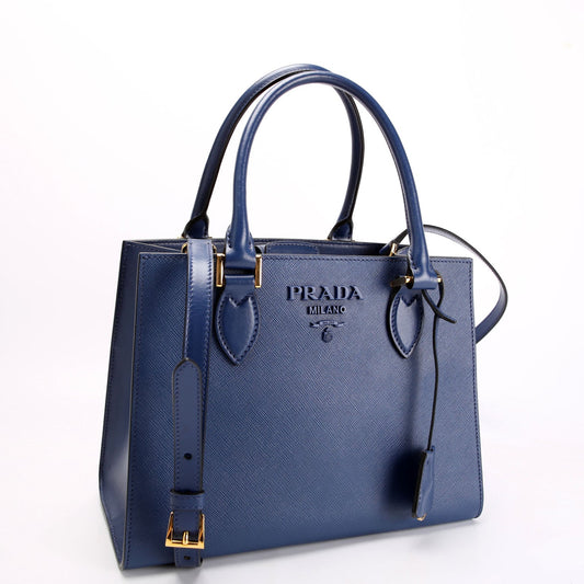 Saffiano Cuir Monochrome Top Handle Tote Blue/Gold